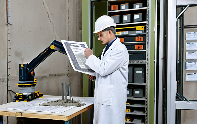 **
"A bustling construction site in Moscow, focusing on a materials testing lab. A serious engineer in a lab coat is meticulously examining a concrete sample with high-tech equipment. Displaying a certificate of GOST compliance prominently in the background."
**